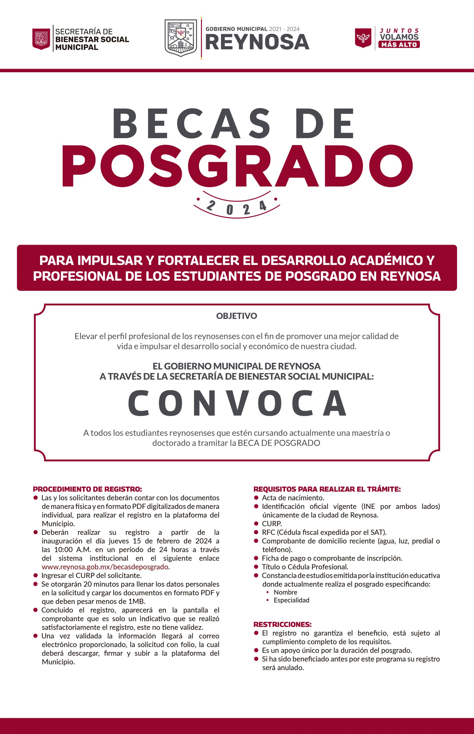 Convoca Alcalde Carlos Peña Ortiz a inscribirse al Programa de Becas de Posgrado 2024 – Administración Municipal Reynosa 2021-2024